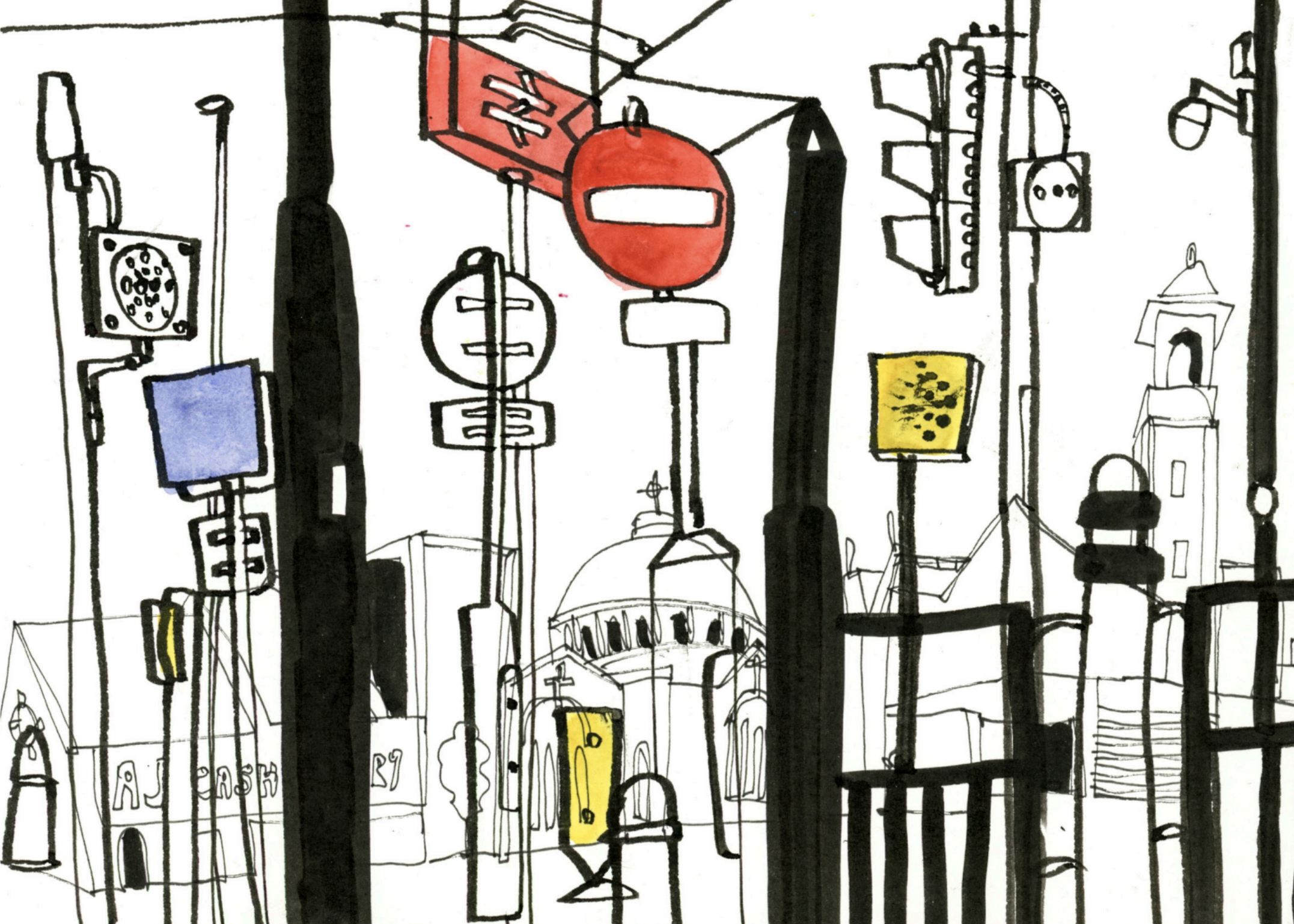 A digital scan of Len Grant's sketchbook, showing drawings he made during his urban roam around Rochdale. These pages show drawings of lampposts, streetlights, signs and railings, all overlaid with each other, to create the feeling of a busy urban space.