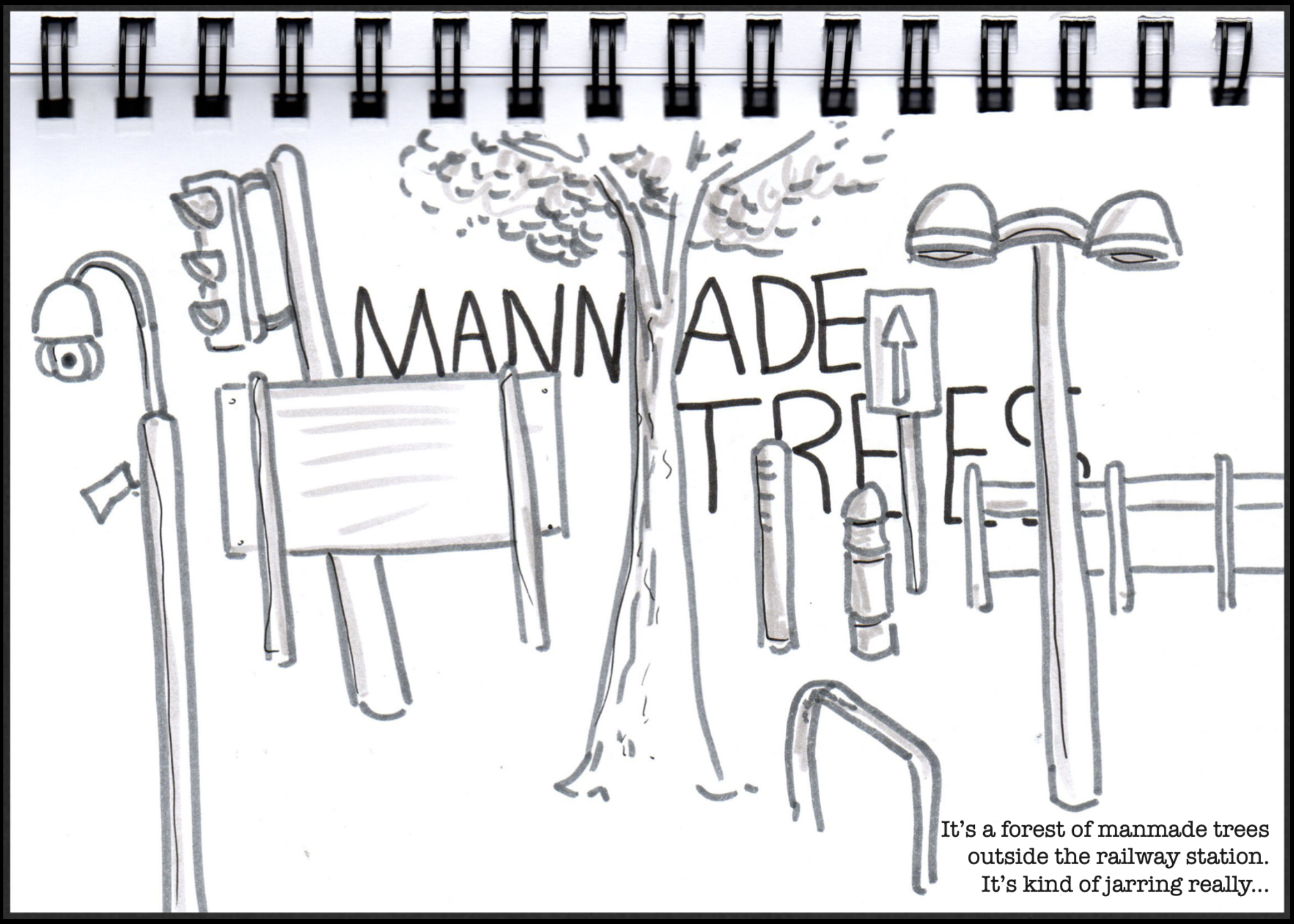 A black and white drawing from Doodlher's urban roam sketch walk. The drawing shows trees alongside traffic lights and lampposts, with the text "Man-made trees".