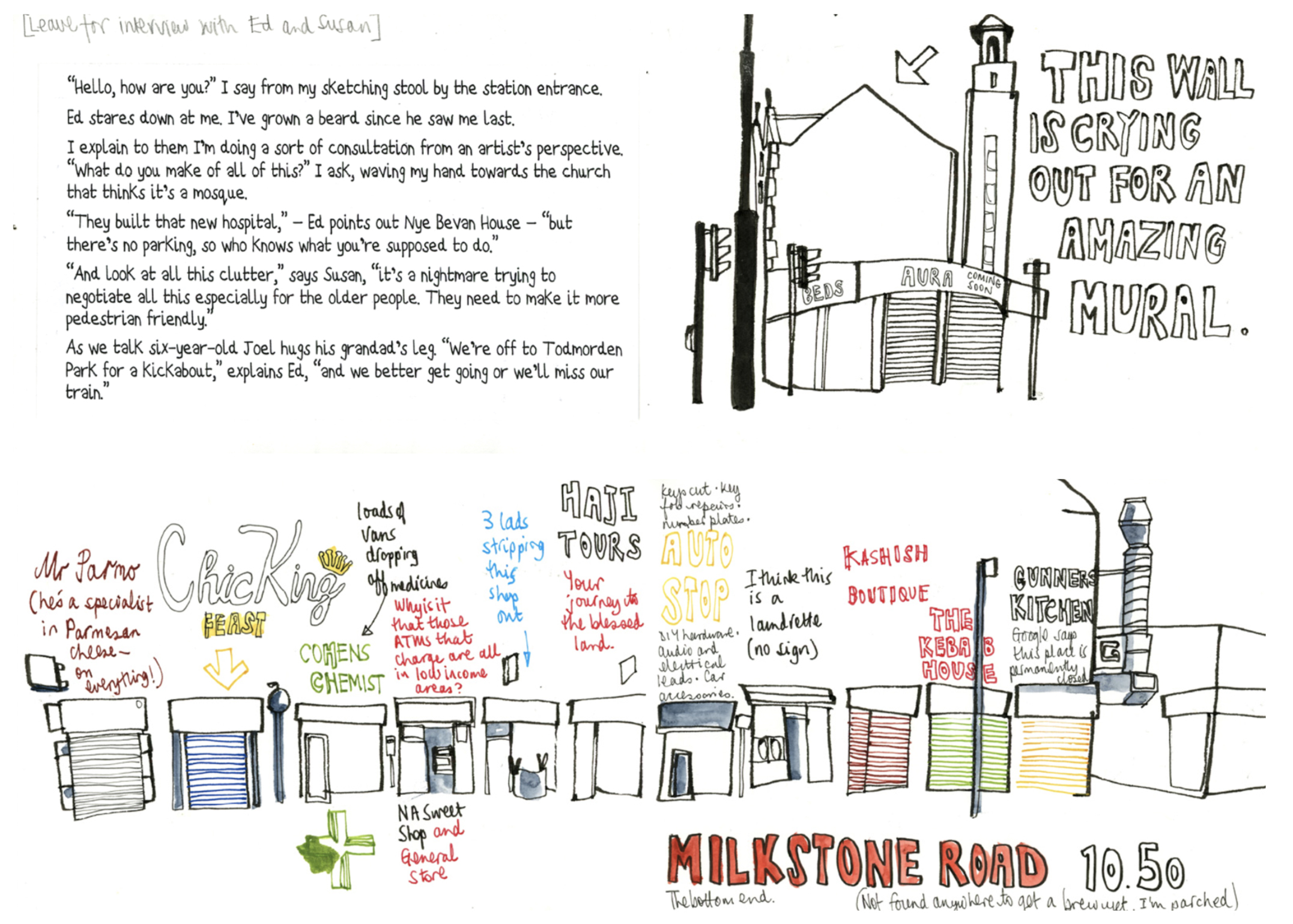 Digital scan of Len Grant's urban roam sketchbook pages, showing a handwritten interview with Rochdale locals Ed and Susan. Alongside the interview are sketches of the shop fronts along Milkstone Road along with the names of the businesses.