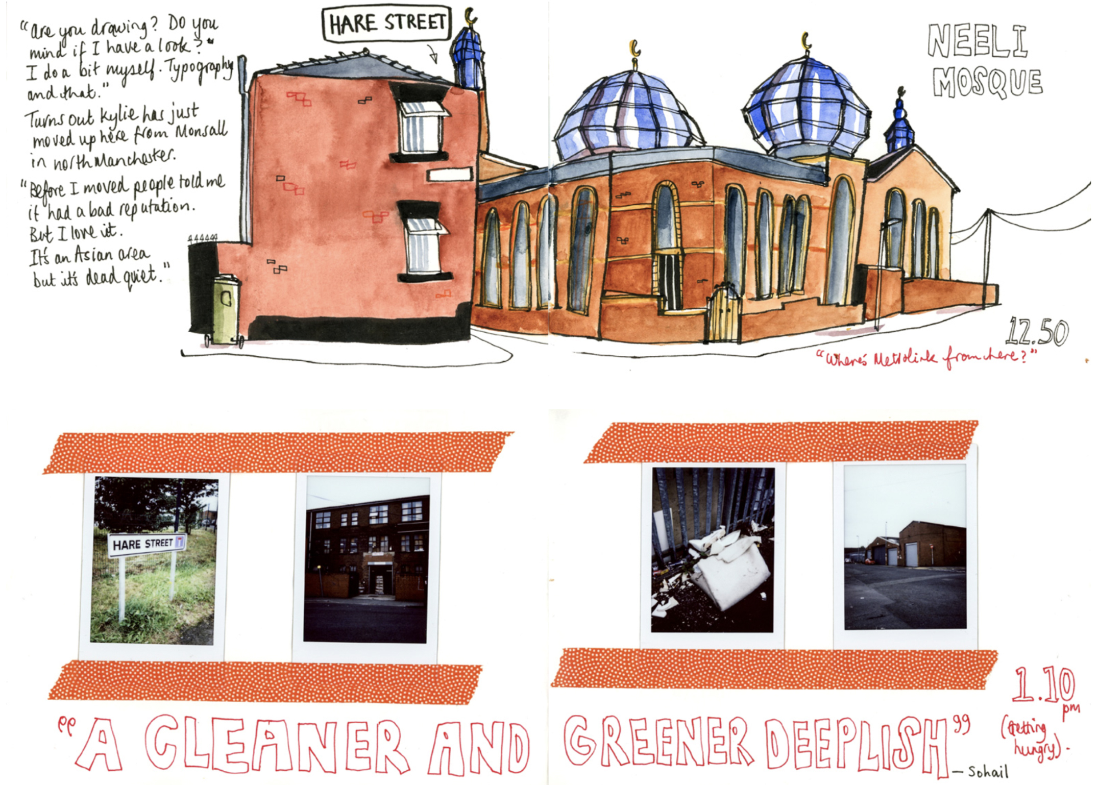 A digital scan of pages from Len Grant's sketchbook, made during his urban roam around Rochdale. The pages show a hand drawn sketch of the mosque on Hare Street, as well as a handful of polaroid photographs taken around the area.