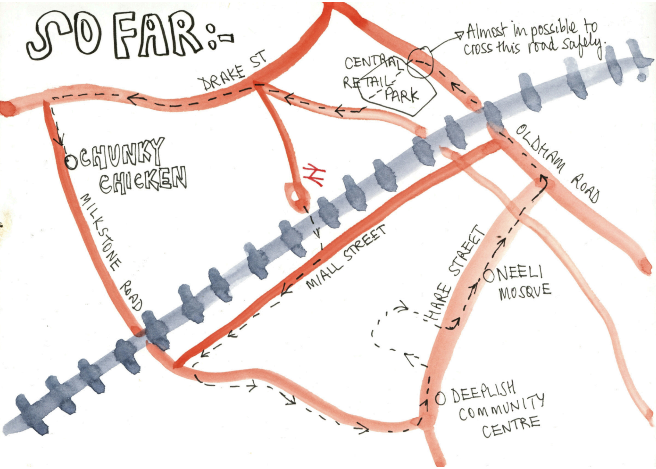 A hand drawn map of the area around Milkstone Road in Rochdale. The image is taken from Len Grant's sketches made during his urban roam around the area. And captures where he has roamed "so far".