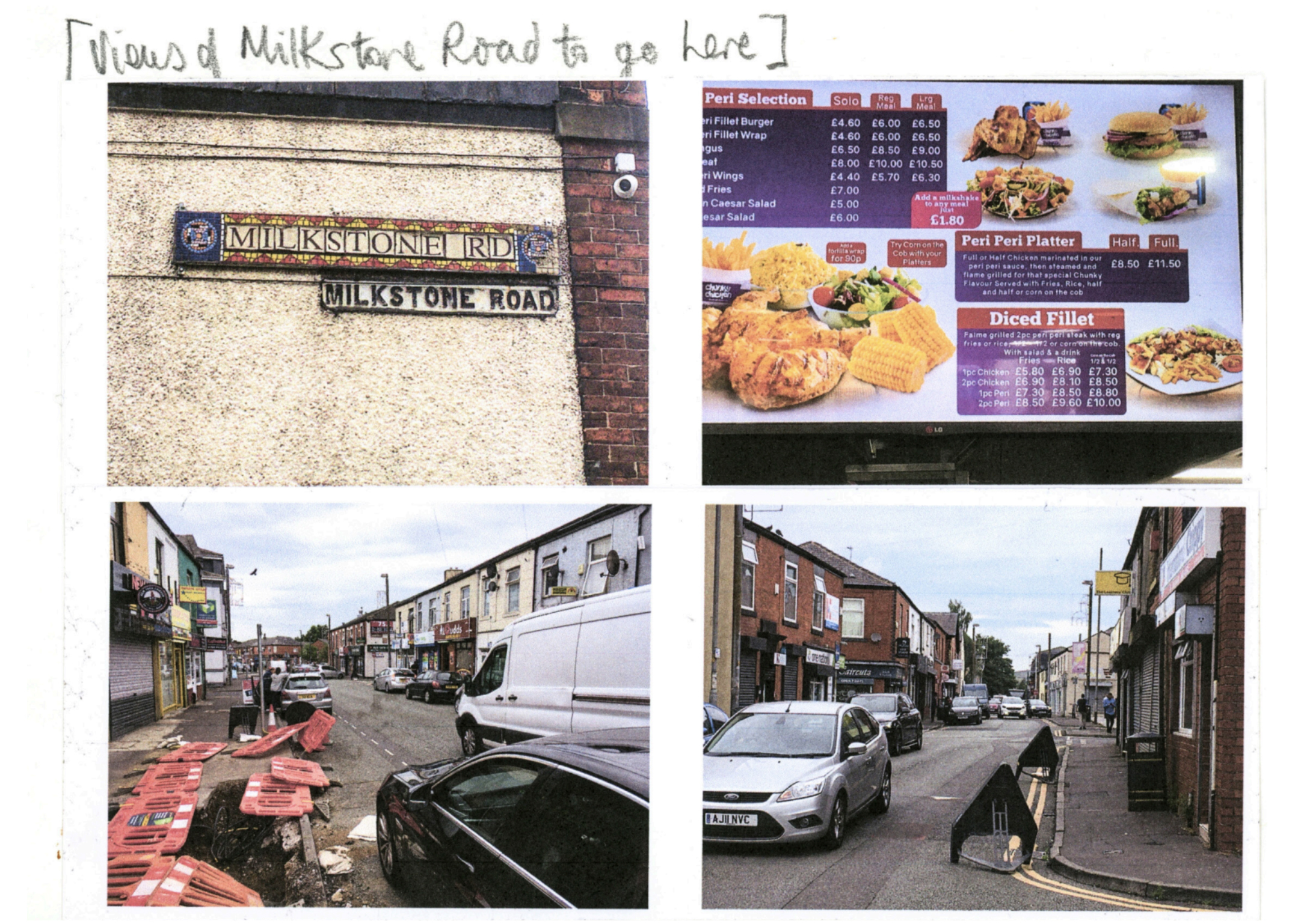 Four photographs stuck in a sketchbook. The photographs show different aspects of Milkstone Road: a street sign, roadworks, parked cars and a takeaway menu.