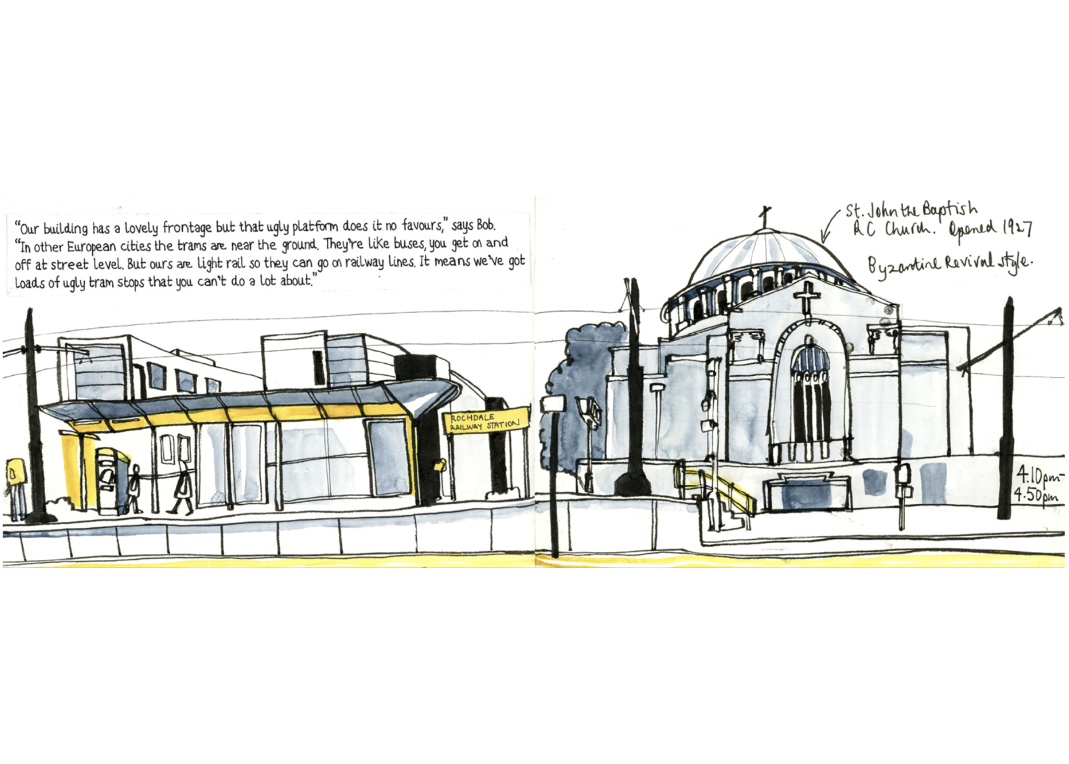 A hand-drawn sketch of St John the Baptist RC Church, scanned from Len Grant's sketchbook. The drawing was made during Len's urban roam around Rochdale.