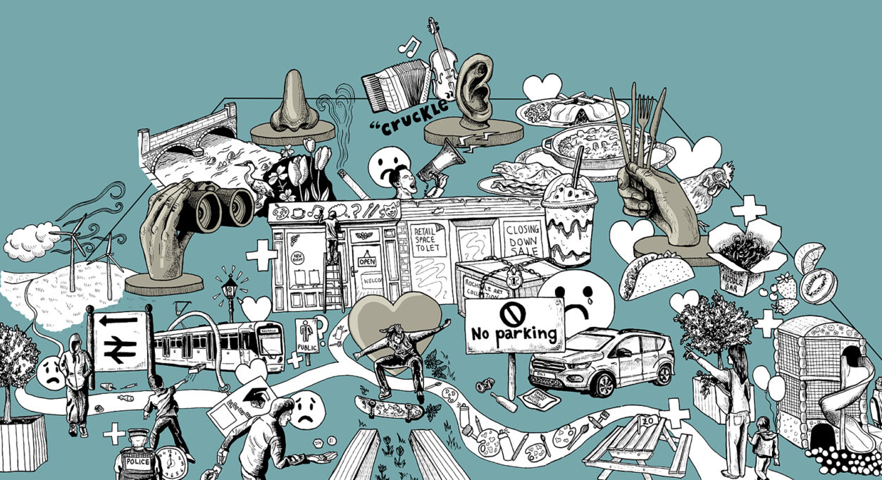 An artistic illustration by Doodlher, capturing physical and emotional impressions of Rochdale. The drawing is in black and white against a teal background. It depicts local talking points such as shop fronts closing down and lack of parking, alongside local highlights like food, skateboarding, art, nature and music.