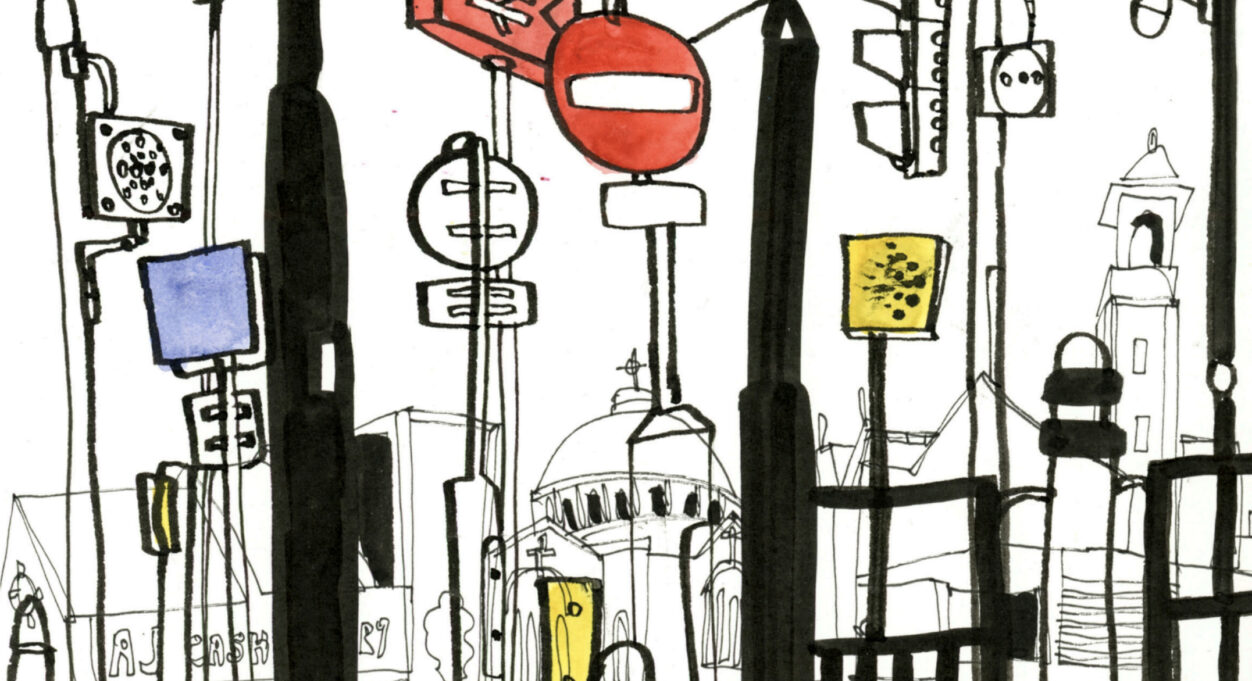 A digital scan of Len Grant's sketchbook, showing drawings he made during his urban roam around Rochdale. These pages show drawings of lampposts, streetlights, signs and railings, all overlaid with each other, to create the feeling of a busy urban space.